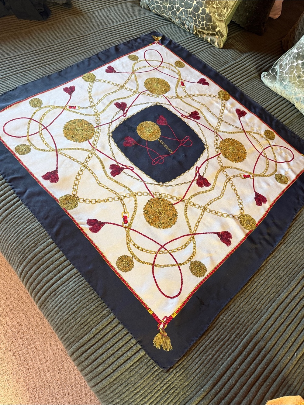 Designer-Inspired Black, Red, Cream & Gold Chain Print Silk Scarf